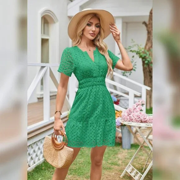 Women's Short Sleeve A Line Dress V Neck Casual Summer Flowy Fit & Flare - Picture 6 of 6